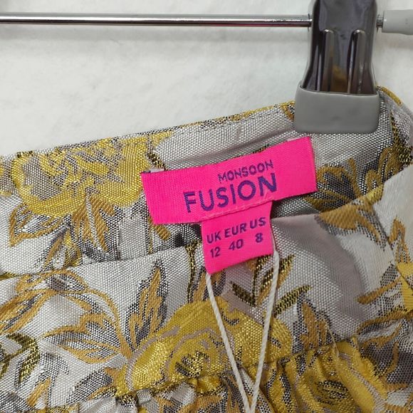 Monsoon Fusion Champagne Cream & yellow  Metallic Floral Tulip Skirt UK 12 New - Picture 3 of 6